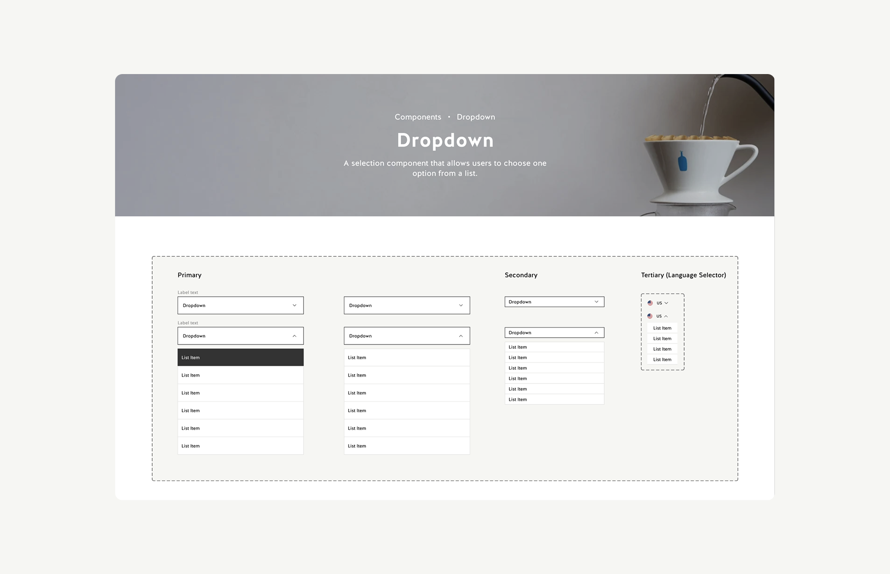 Pour Over dropdown component system