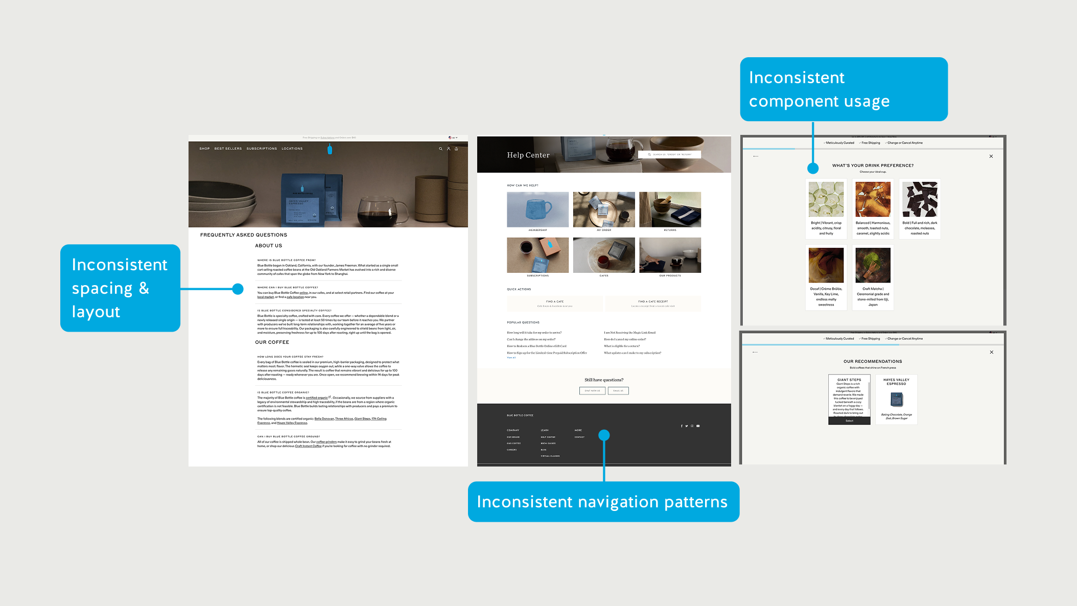 Examples of inconsistencies found across the Blue Bottle website