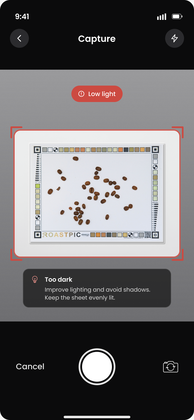 RoastPic capture screen showing a low light warning