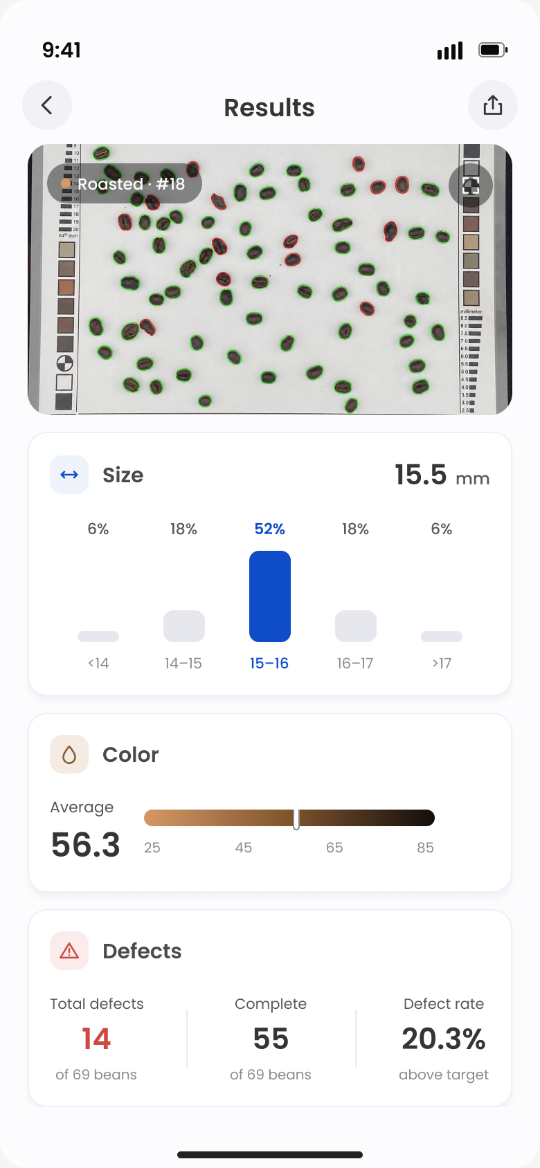 RoastPic results screen with size, color, and defect breakdowns
