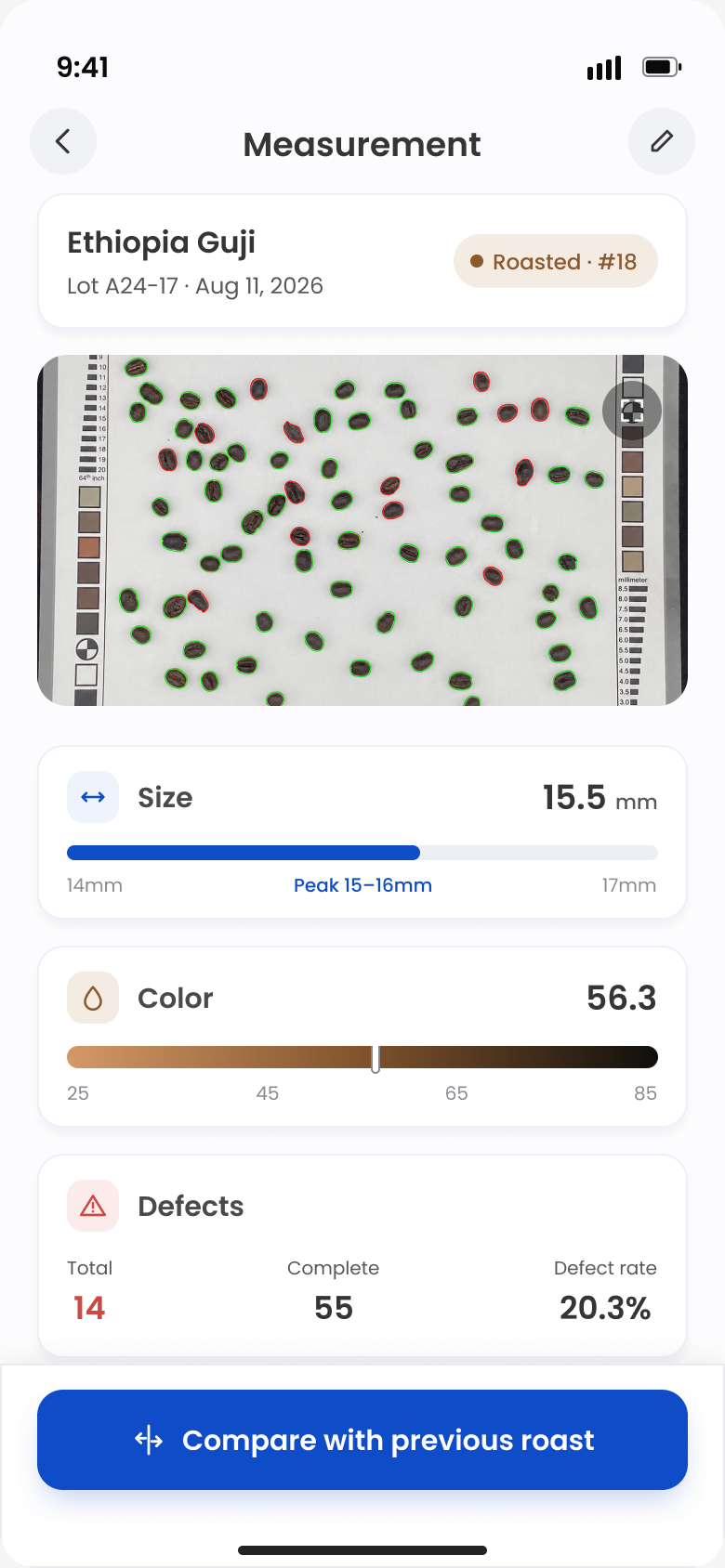 A single saved measurement showing the analysed photo above size, colour and defect readings on their own scales.