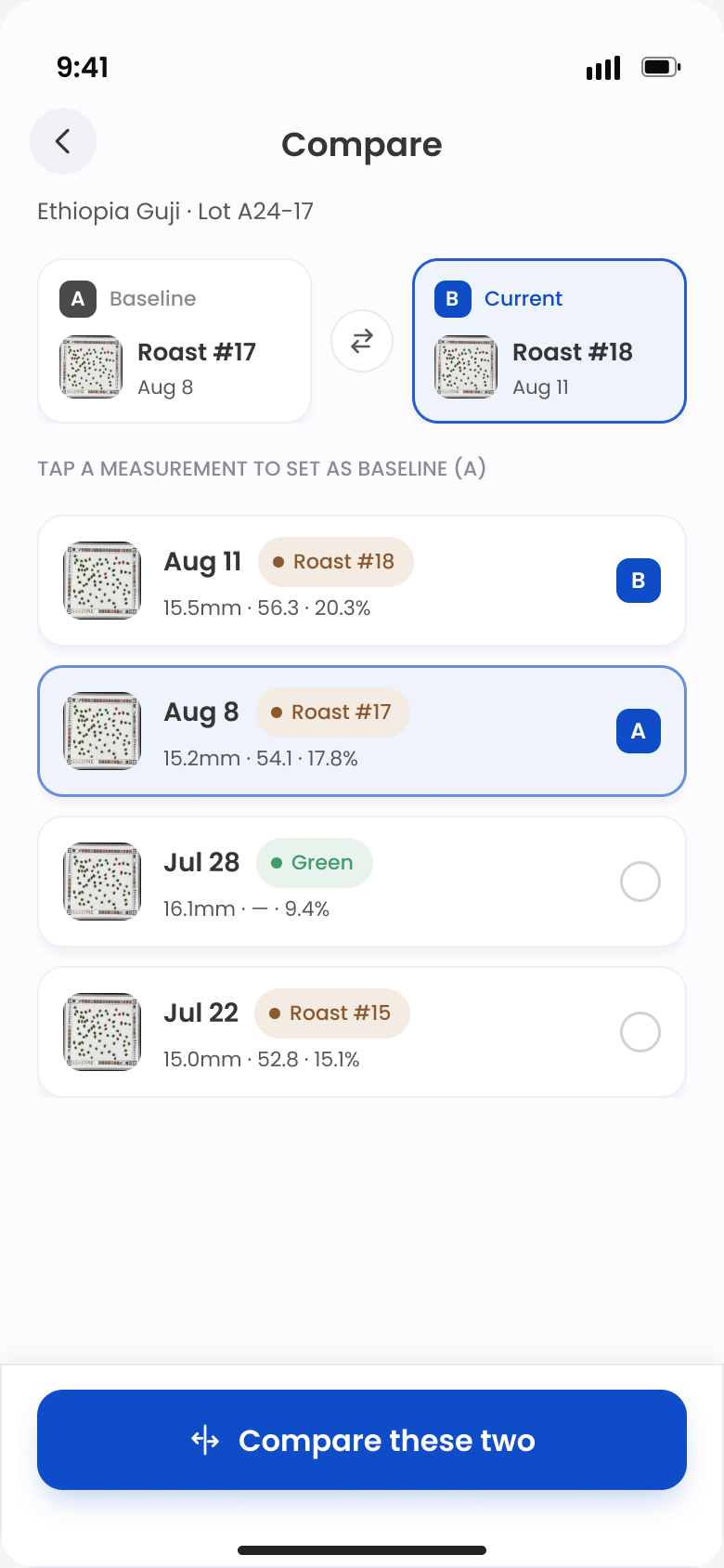 Compare picker inside one lot, with baseline A and current B selected from a list of past measurements.