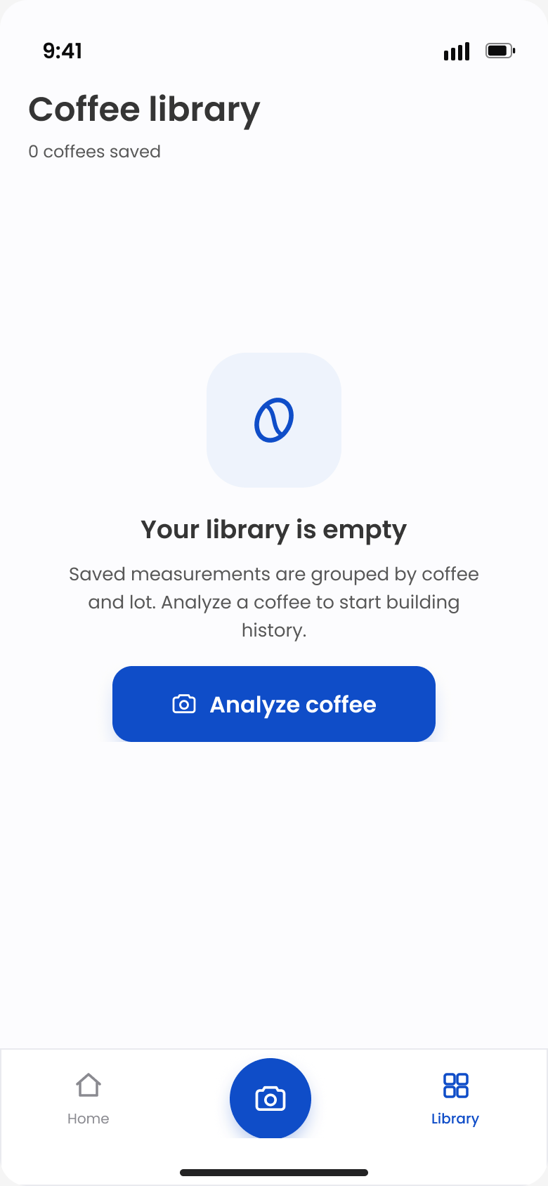 Empty library state explaining that measurements are grouped by coffee and lot, with an analyse coffee button.