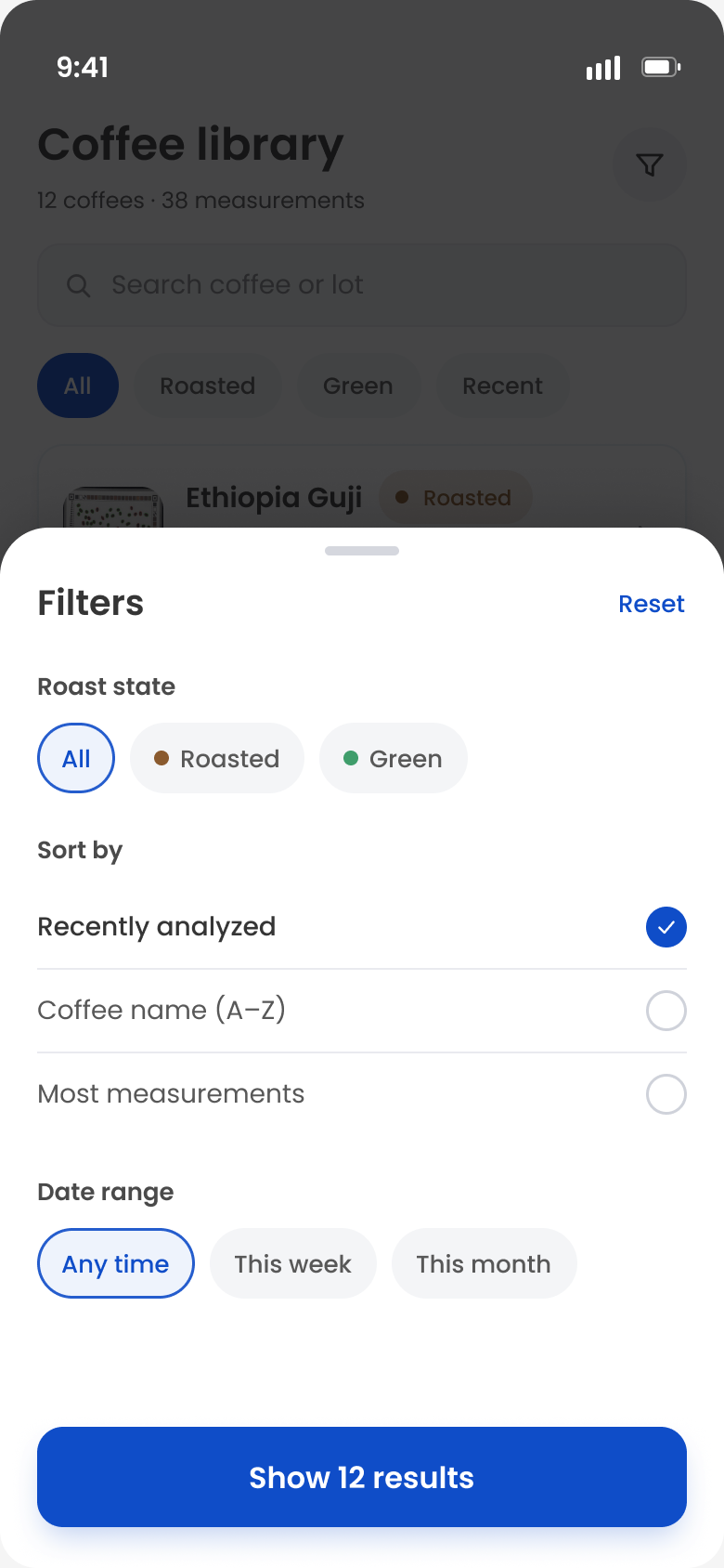 Filter sheet with roast state, sort order and date range options.