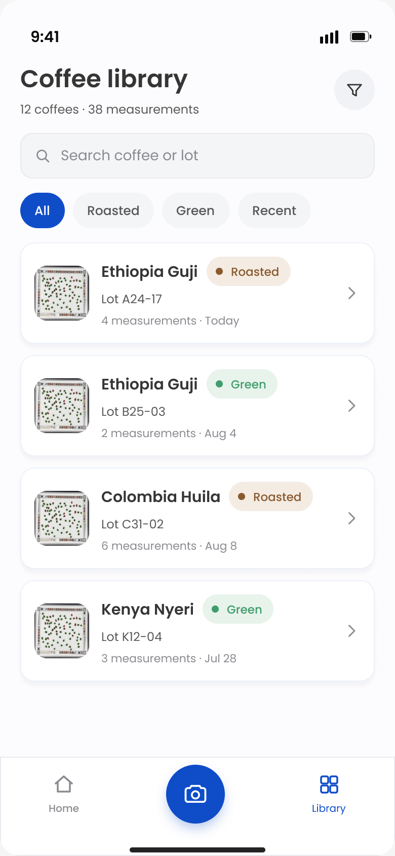 Coffee library listing coffees grouped by lot, each with a roasted or green tag and a measurement count.