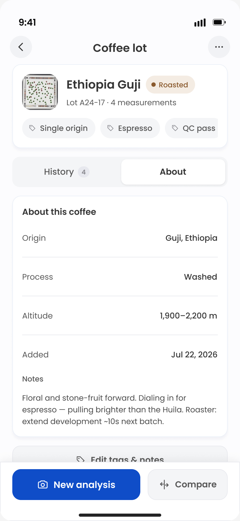 About tab for a coffee lot showing origin, process, altitude, date added and roaster notes.