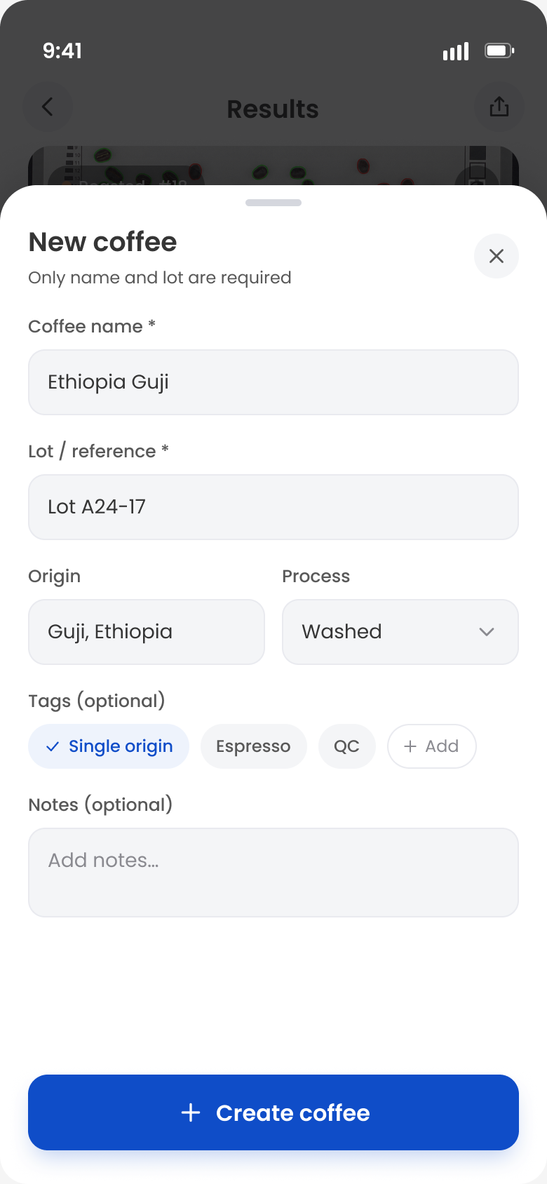 New coffee form with required name and lot fields and optional origin, process, tags and notes.