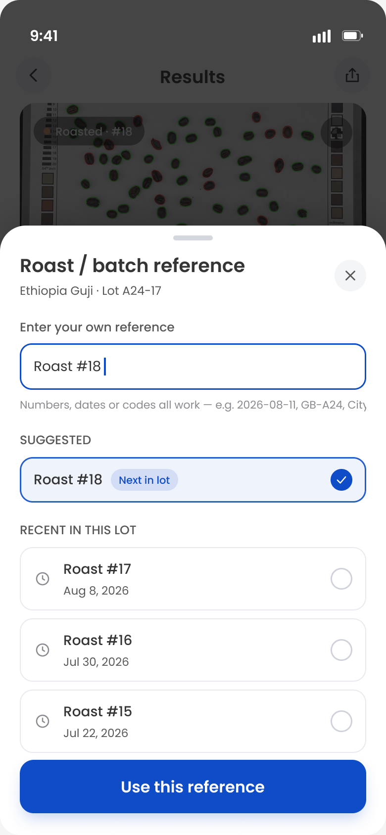 Roast and batch reference picker showing a suggested next roast number and recent roasts in the same lot.