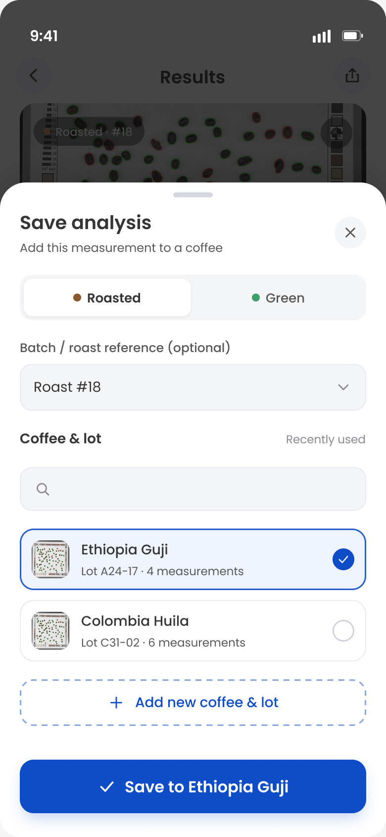 Save analysis sheet with a roasted or green toggle, a batch reference field and a list of coffees to save into.