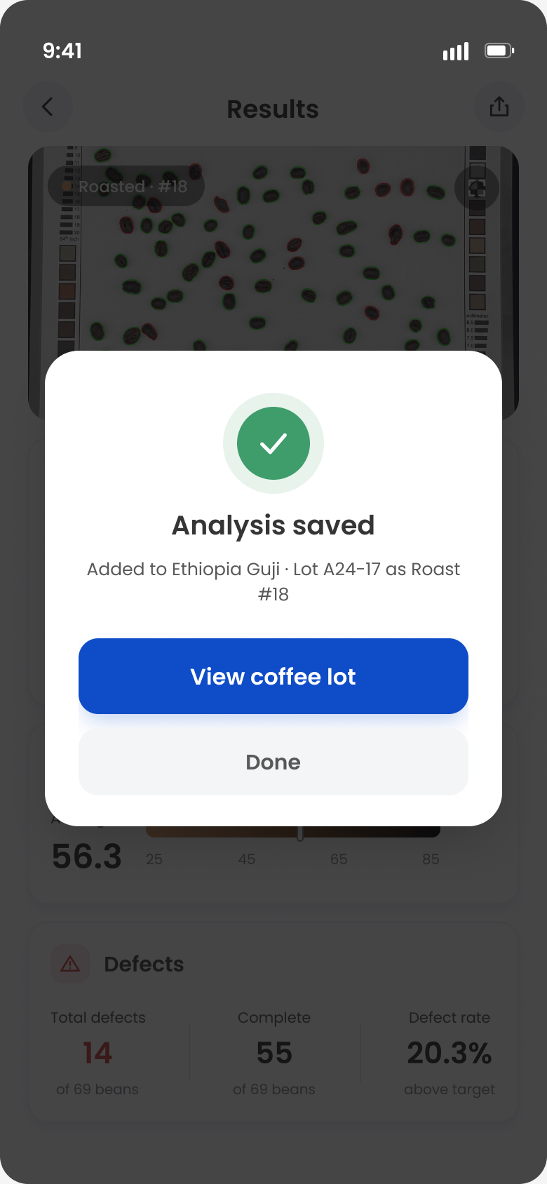 Confirmation dialog reading analysis saved, added to Ethiopia Guji lot A24-17 as roast number 18.
