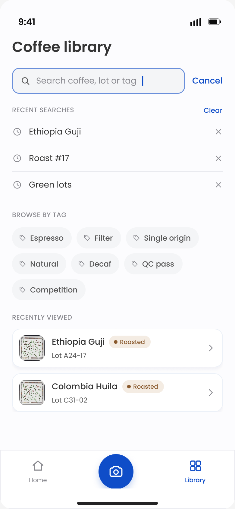 Search field focused but empty, showing recent searches, tags to browse and recently viewed coffees.