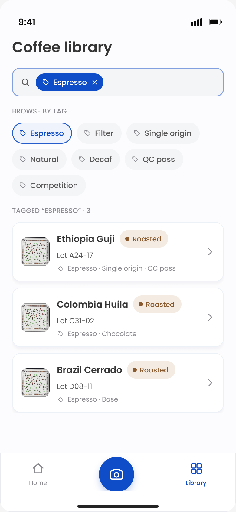 Library filtered by the Espresso tag, listing the three coffees carrying it.