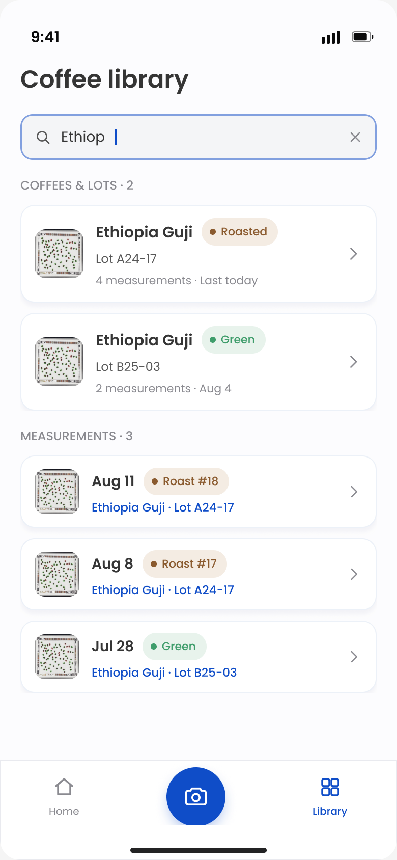 Search results split into coffees and lots, and individual measurements.