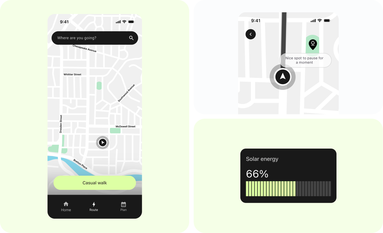 Sunwalk prototype overview showing app screens and sunlight guidance