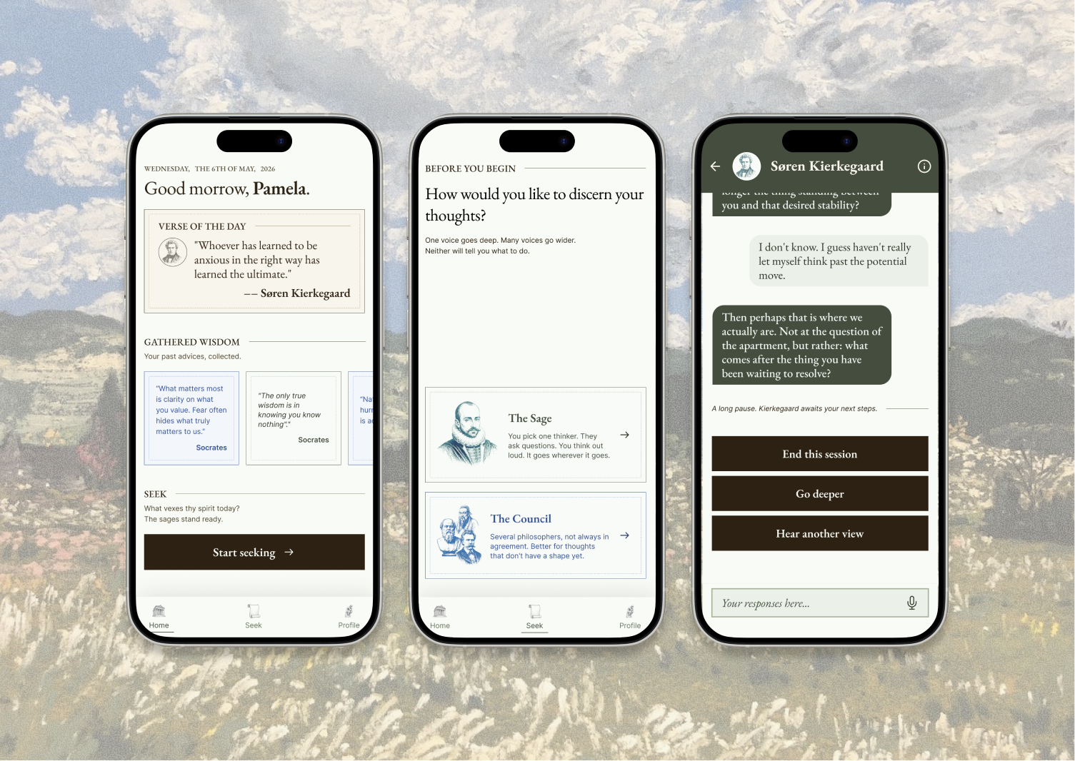 Three mobile screens from The Council prototype shown over a mountain landscape