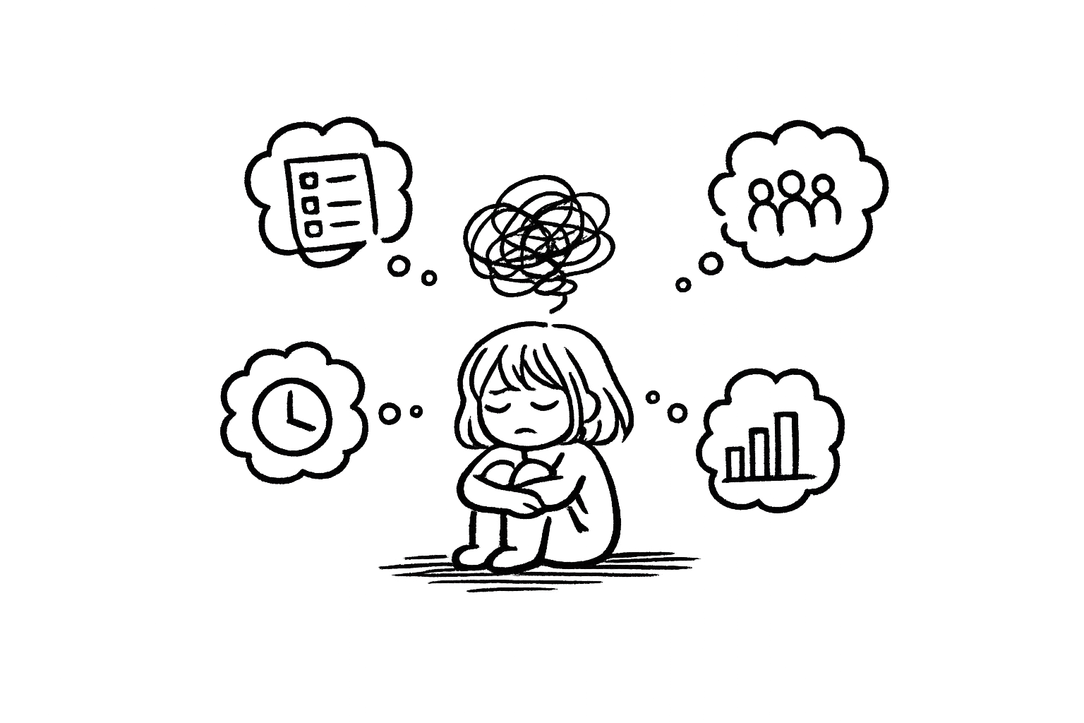 Illustration of a person surrounded by tangled thoughts and competing responsibilities
