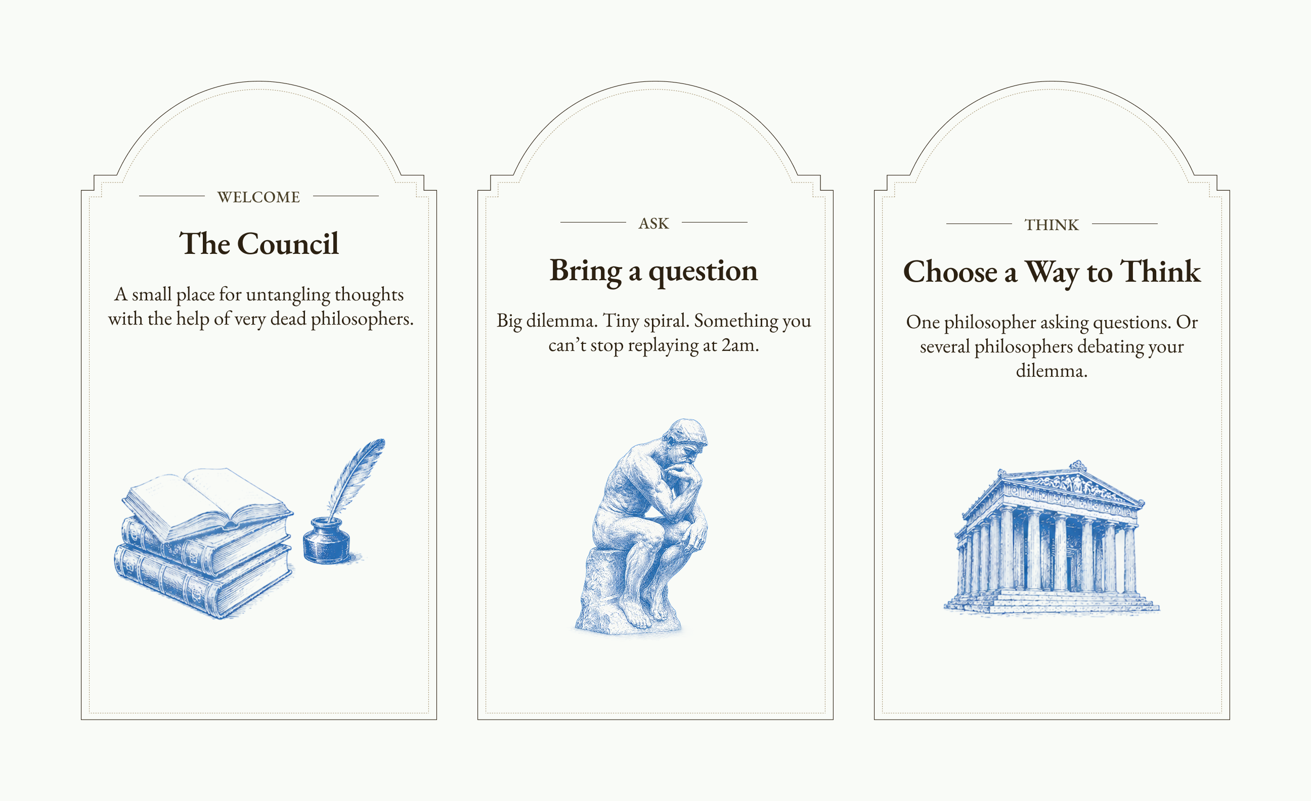 Three onboarding screens introducing The Council